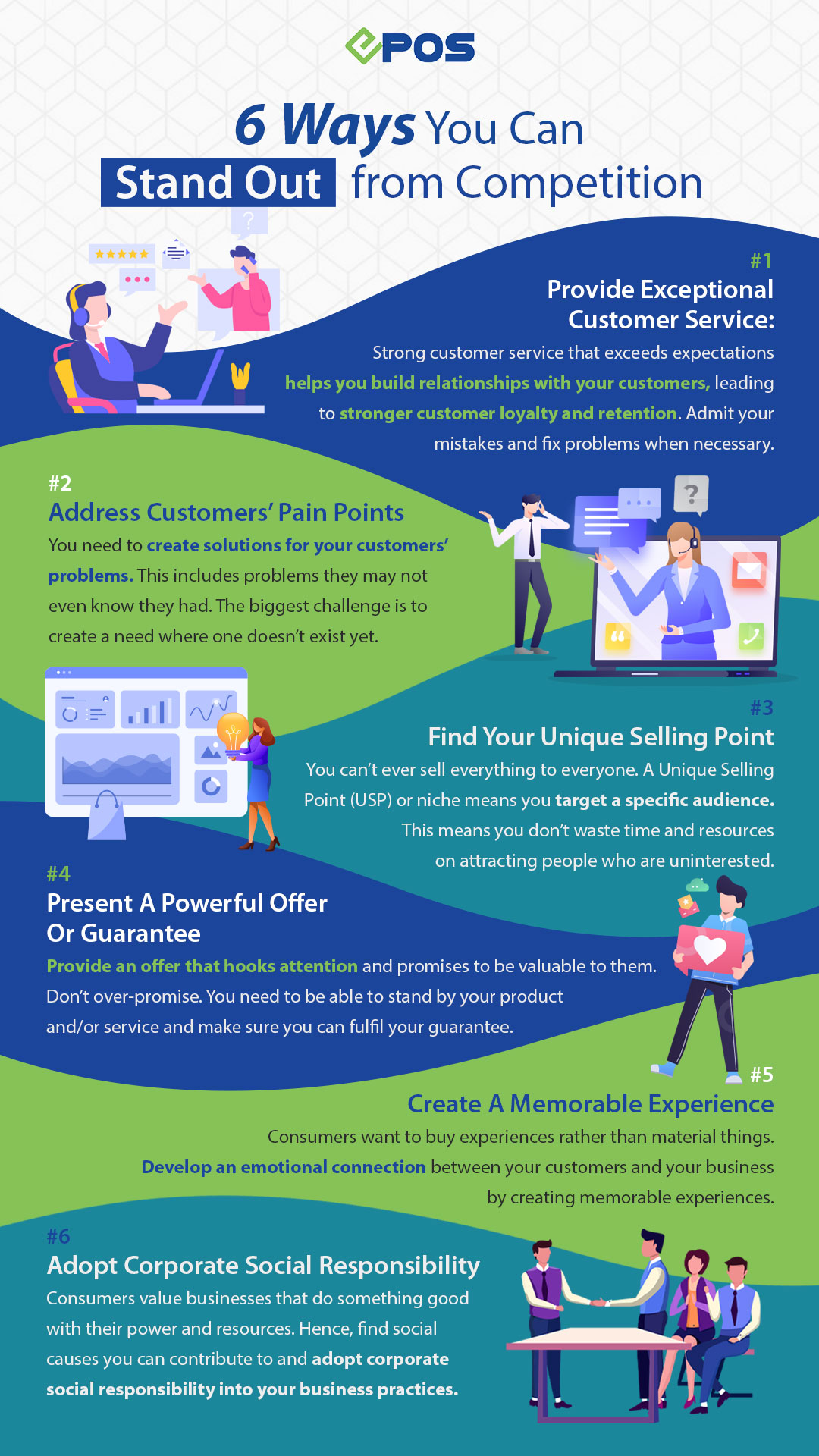 An infographic depicting the 6 ways a business can stand out from their competitors