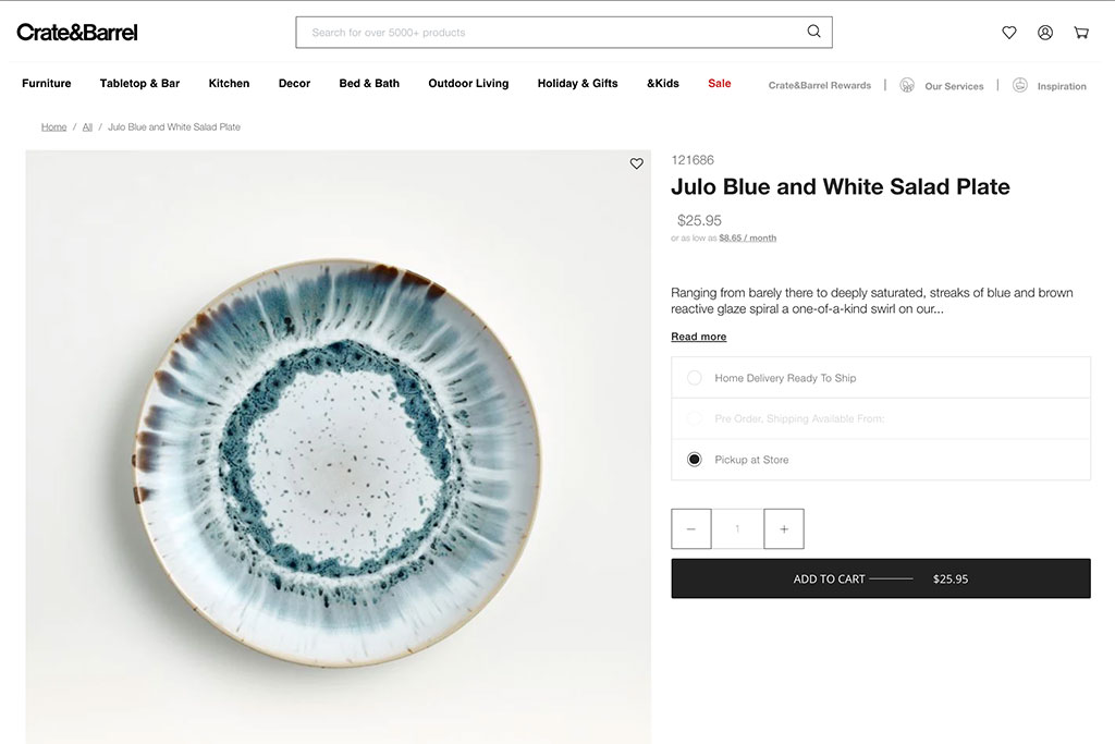 Crate and Barrel Online Shopping Product Listing - Digital Marketing Strategy