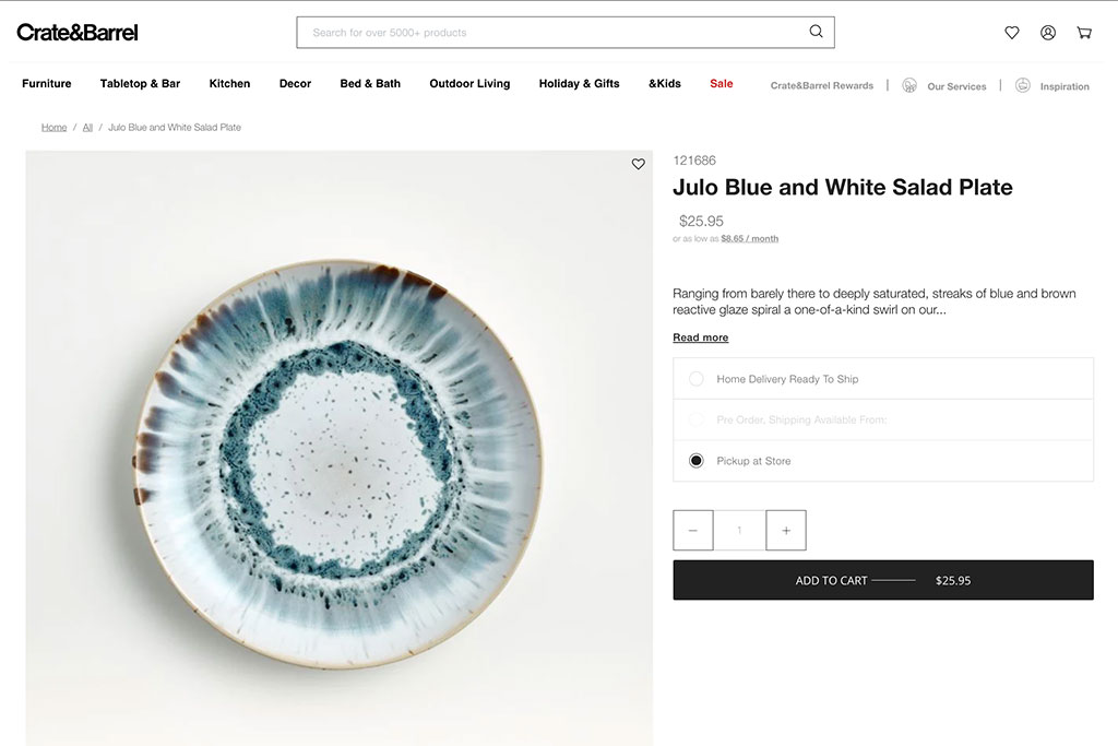 Crate and Barrel Online Shopping Product Listing - Digital Marketing Strategy