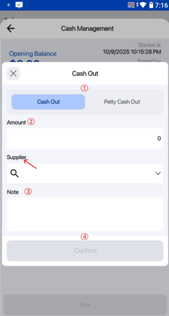 Insert cash amount and note
