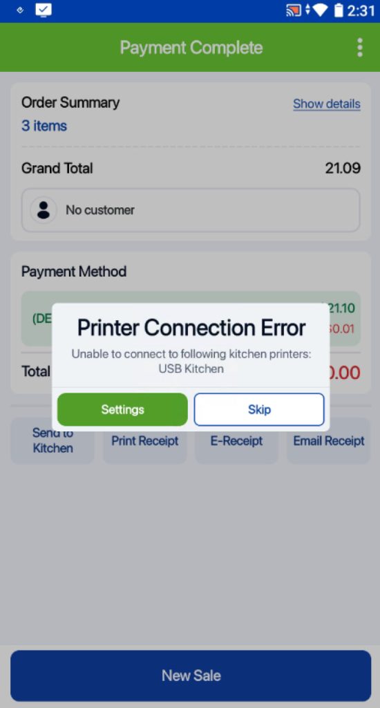 Unable to connect to kitchen printer error