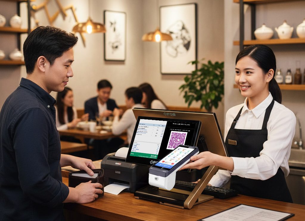 a cashier at a cafe utilising a payment terminal