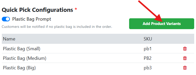 Quick Pick Configuration Table