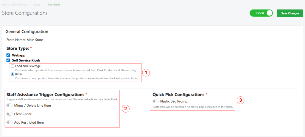 General Configuration screen showing Kiosk Mode, Staff Assistance Trigger Configurations and Quick Pick Configurations