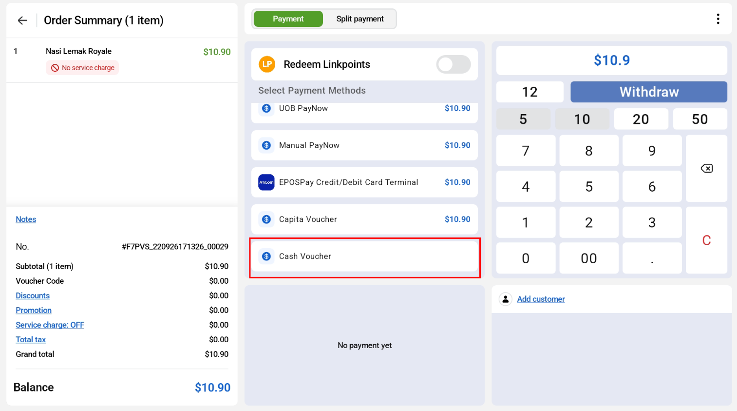 Cash Voucher payment method and voucher code entry