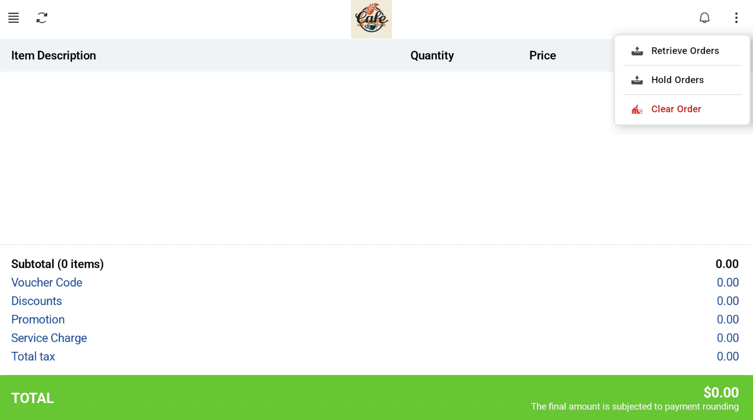 Cashier screen actions menu in Kiosk Mode