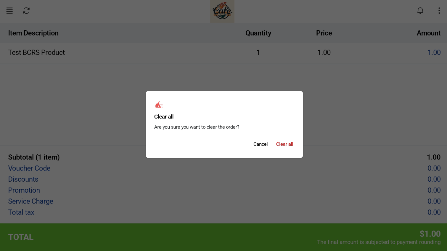 Clear Order confirmation