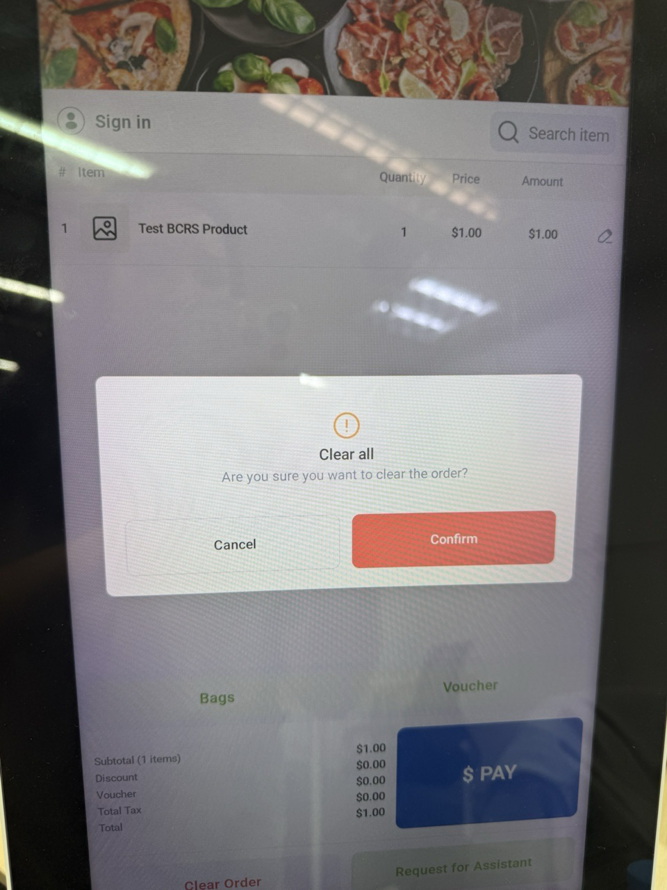 Clear Order confirmation