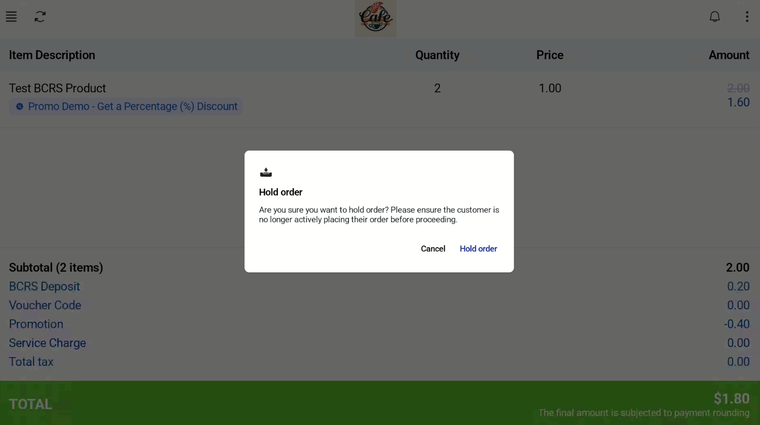 Hold Order confirmation