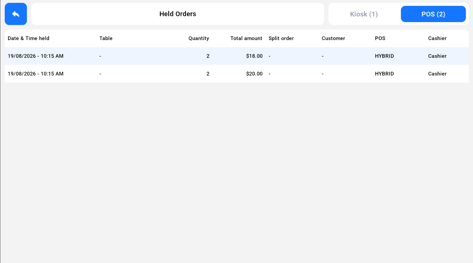Held Orders with Kiosk and POS tabs