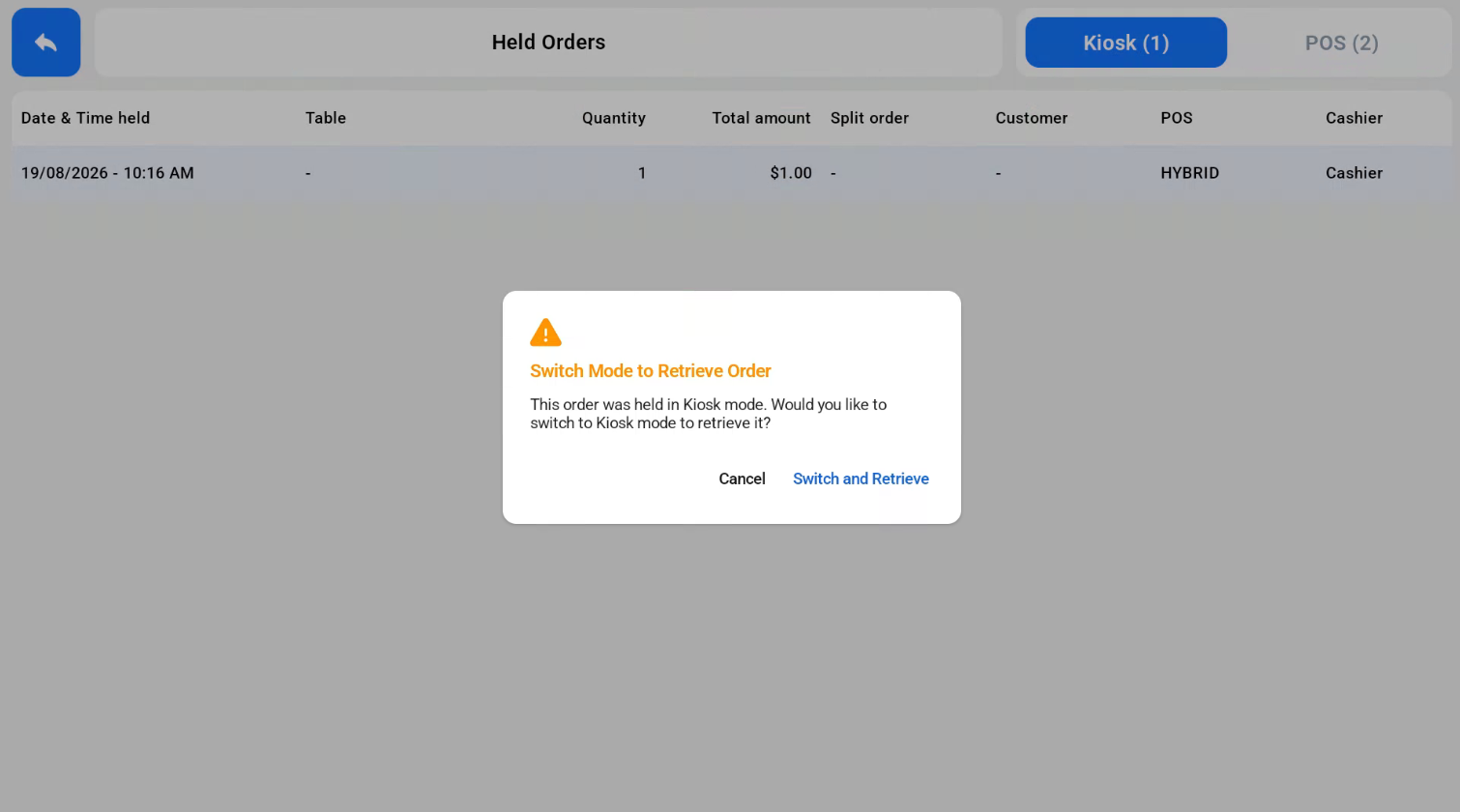 Switch Mode to Retrieve Order pop-up