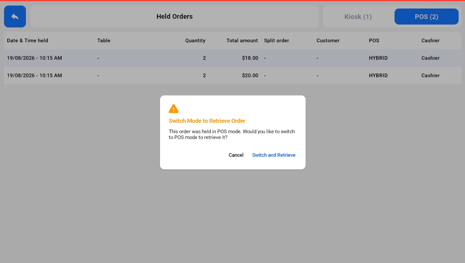 Switch Mode to Retrieve Order pop-up