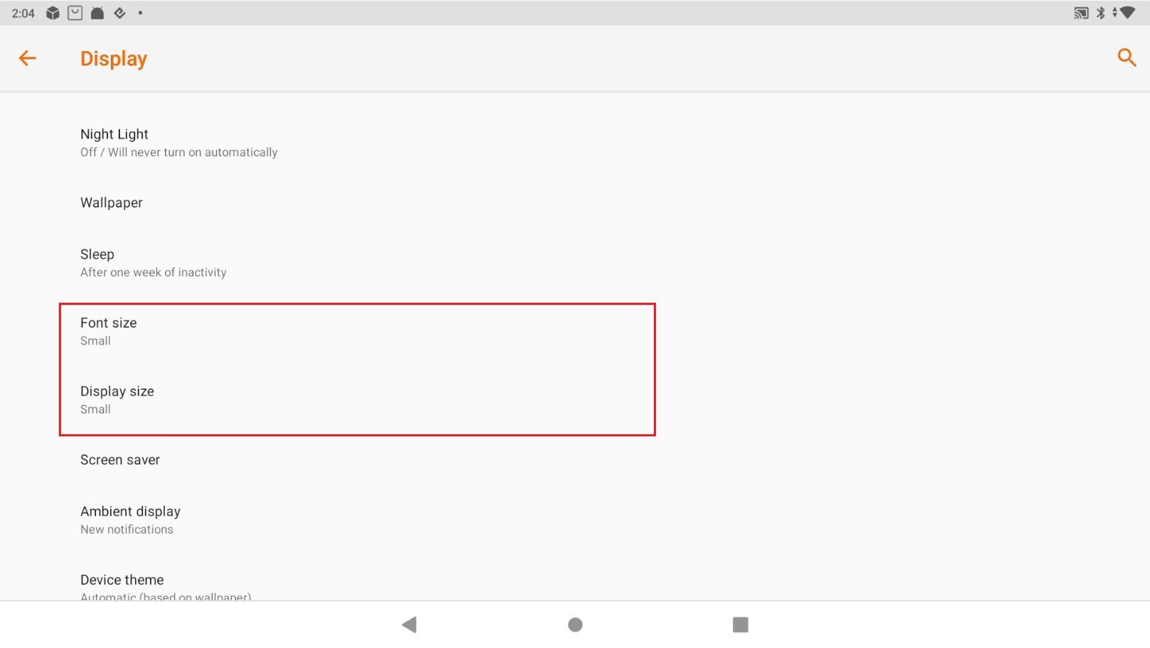 Font size and display size set to Small