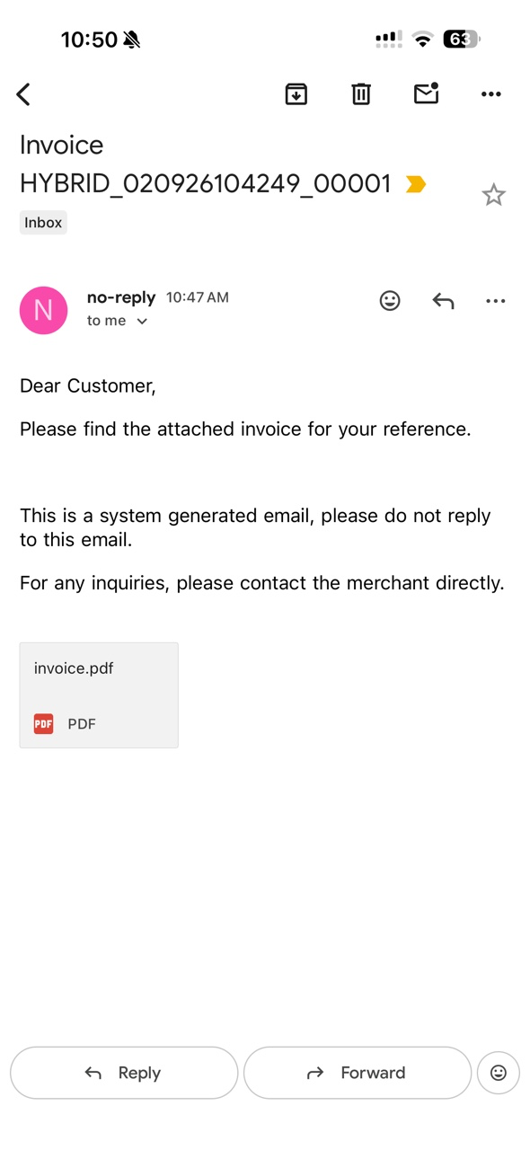 Sending an email receipt and the email received