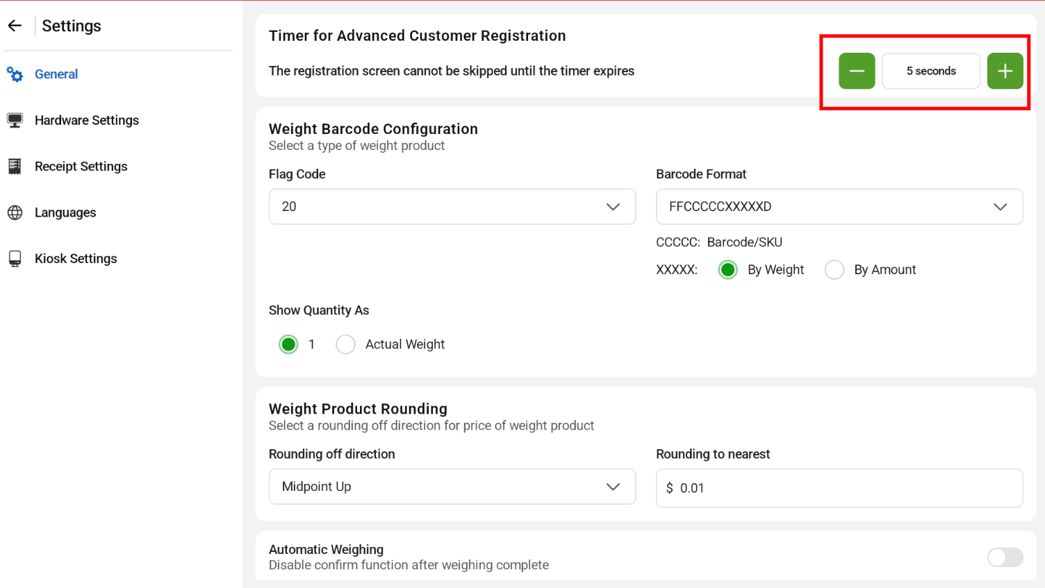 General Settings with the registration timer at 5 seconds