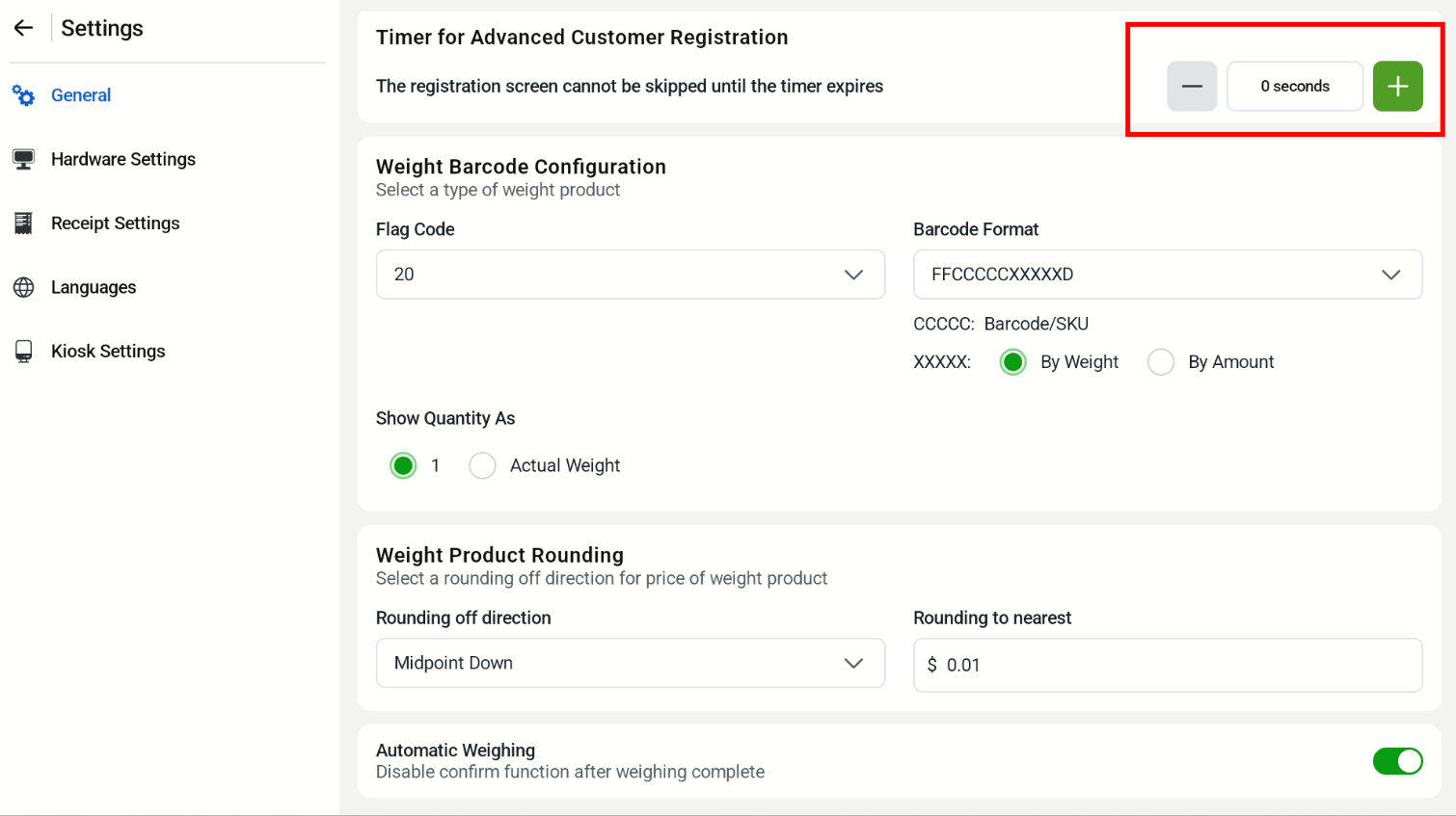 General Settings with the registration timer at 0 seconds