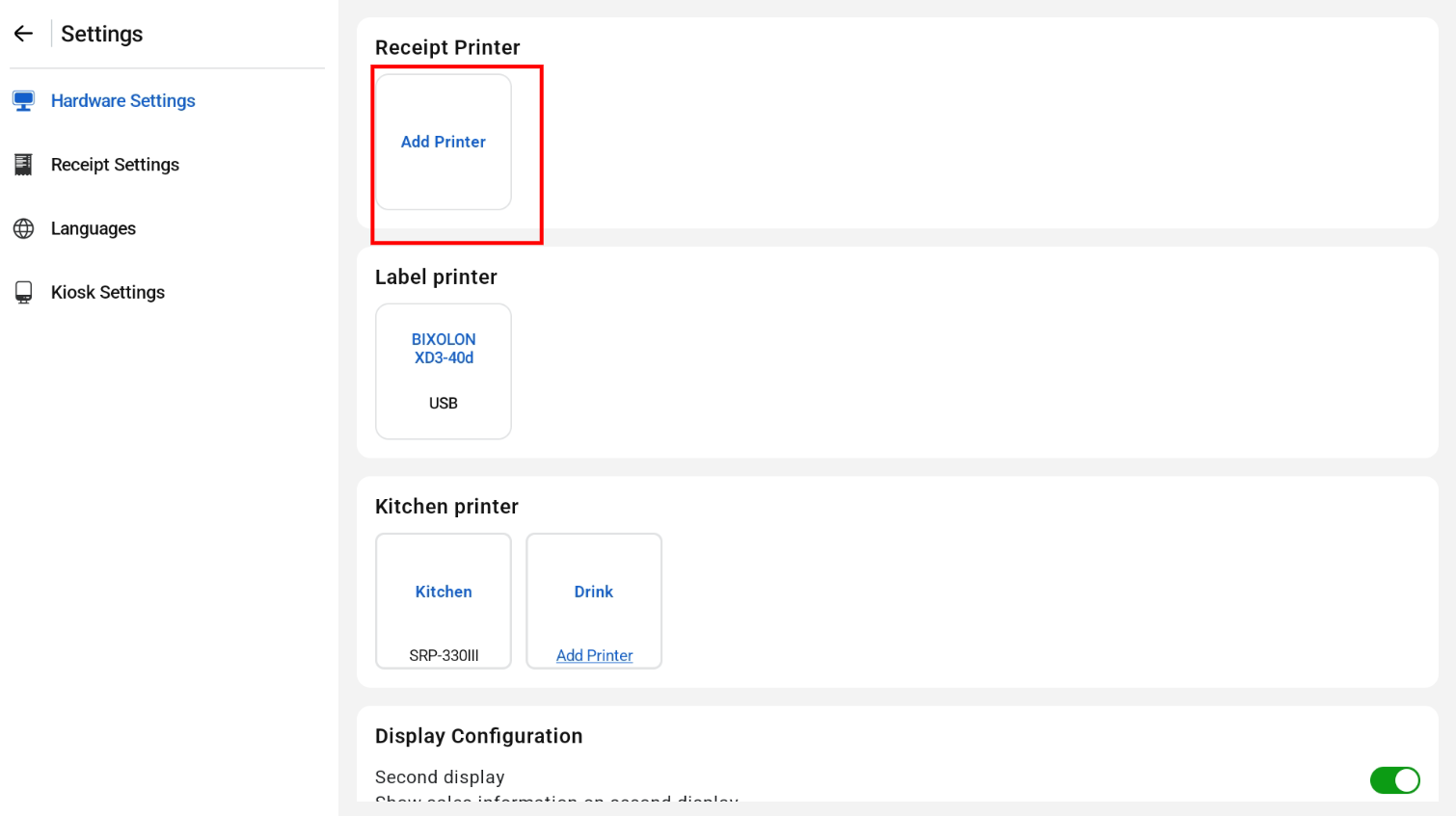 USB receipt printer settings and sample receipt