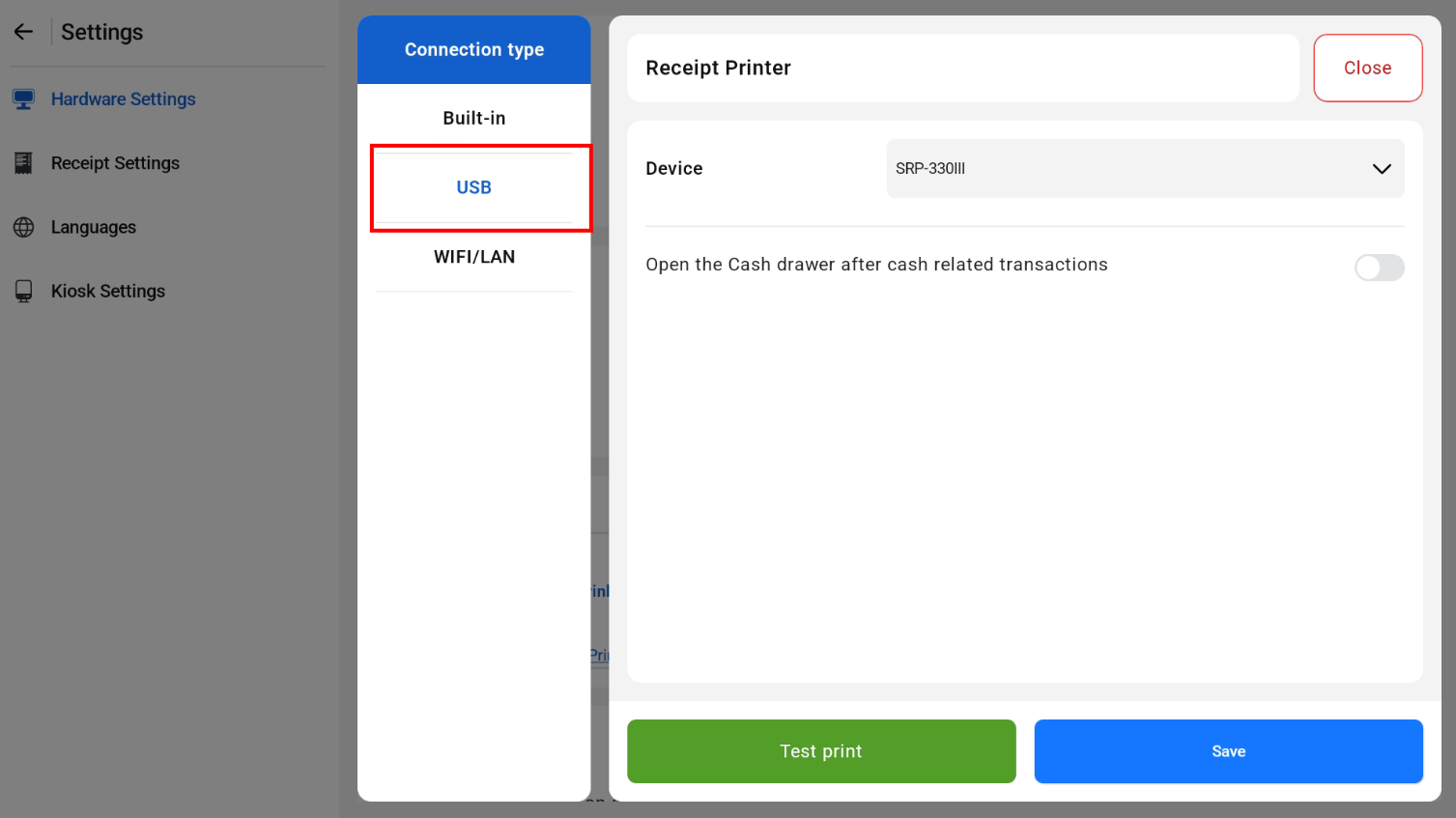 USB receipt printer settings and sample receipt