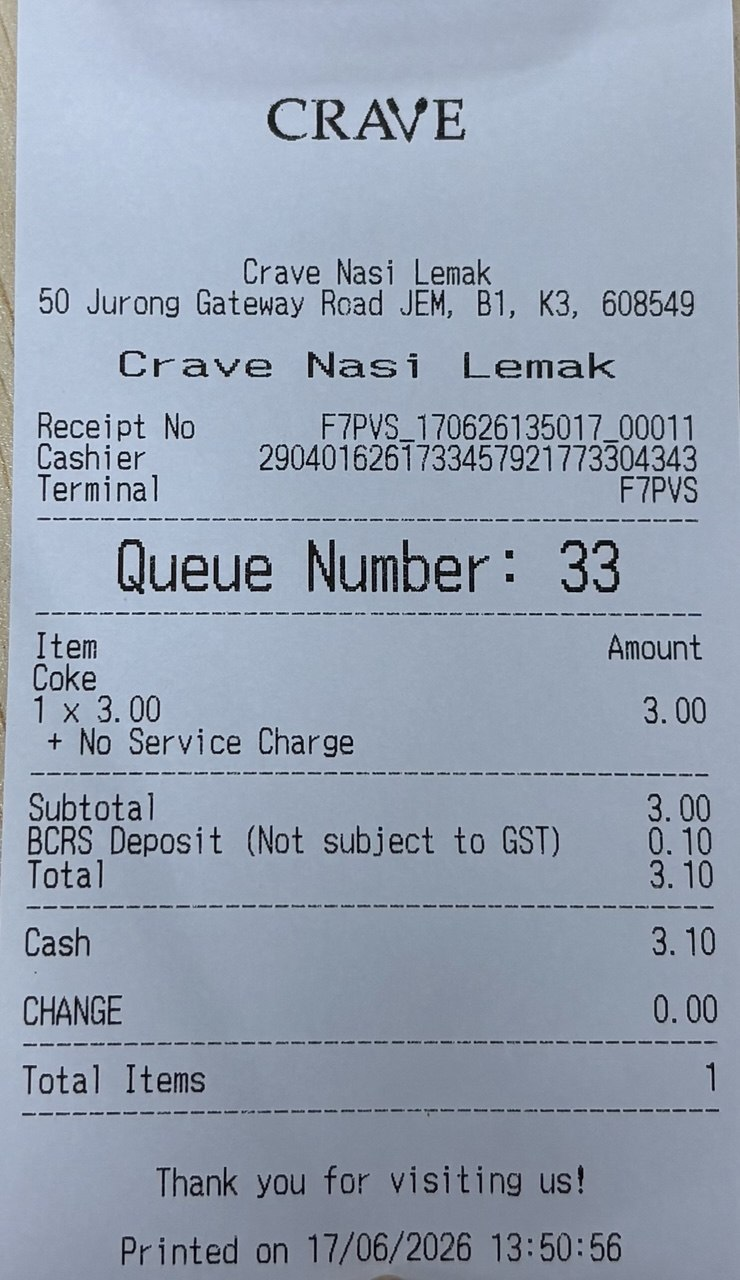 USB receipt printer settings and sample receipt