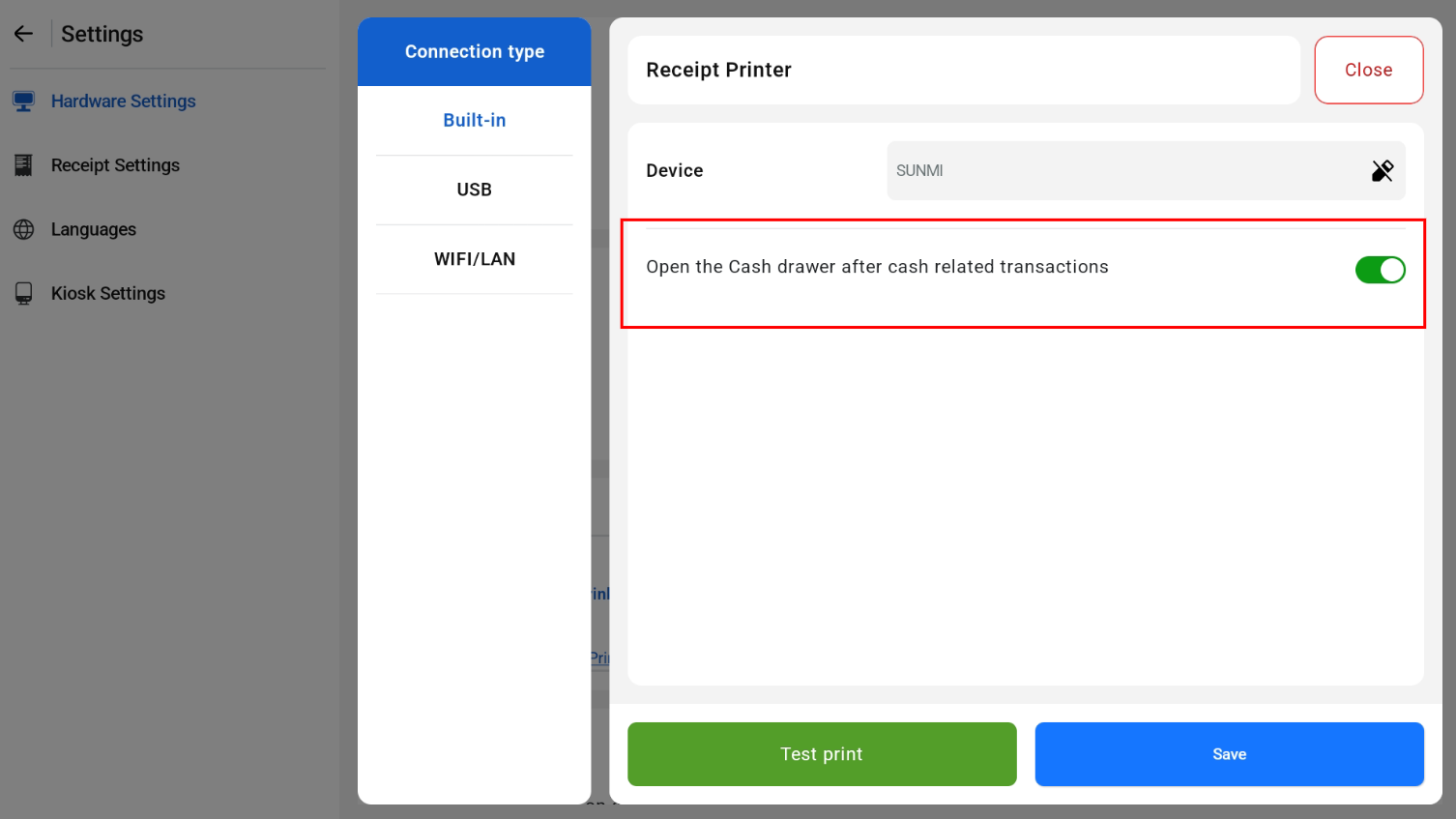 Open cash drawer after cash related transactions setting