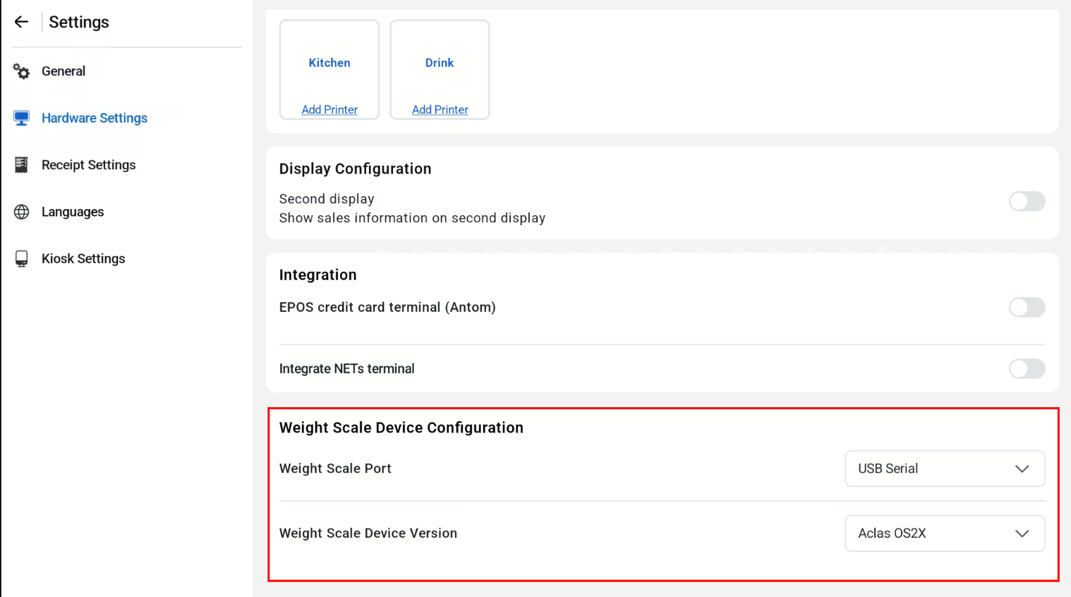 Weight Scale Device Configuration in Hardware Settings