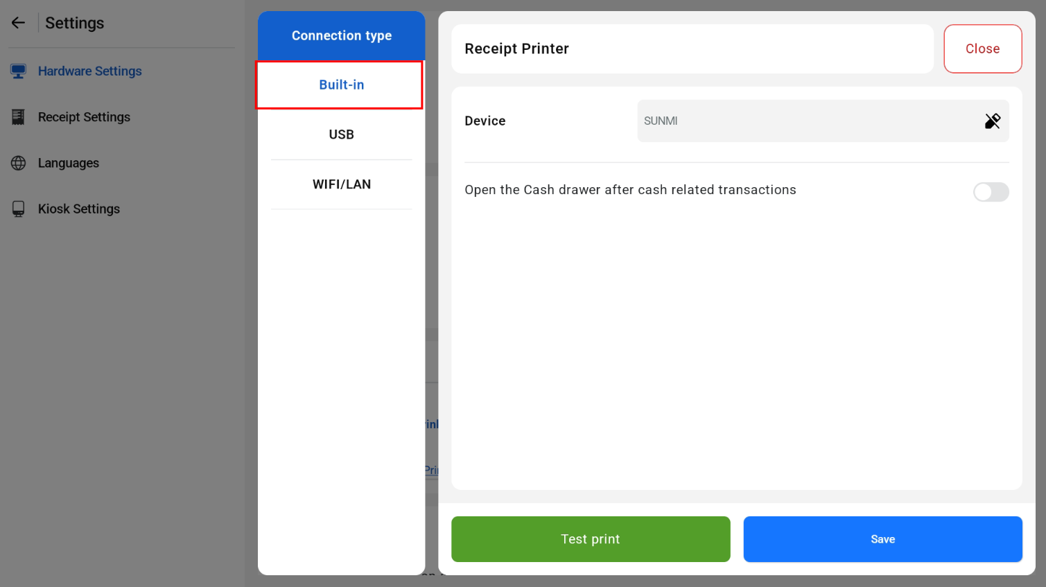 Adding a built-in receipt printer in Hardware Settings