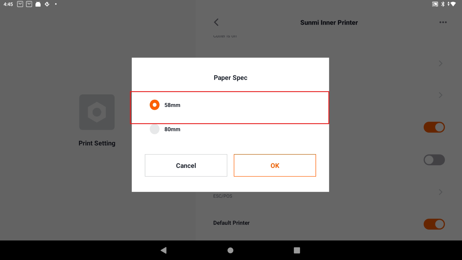 58 mm paper width settings
