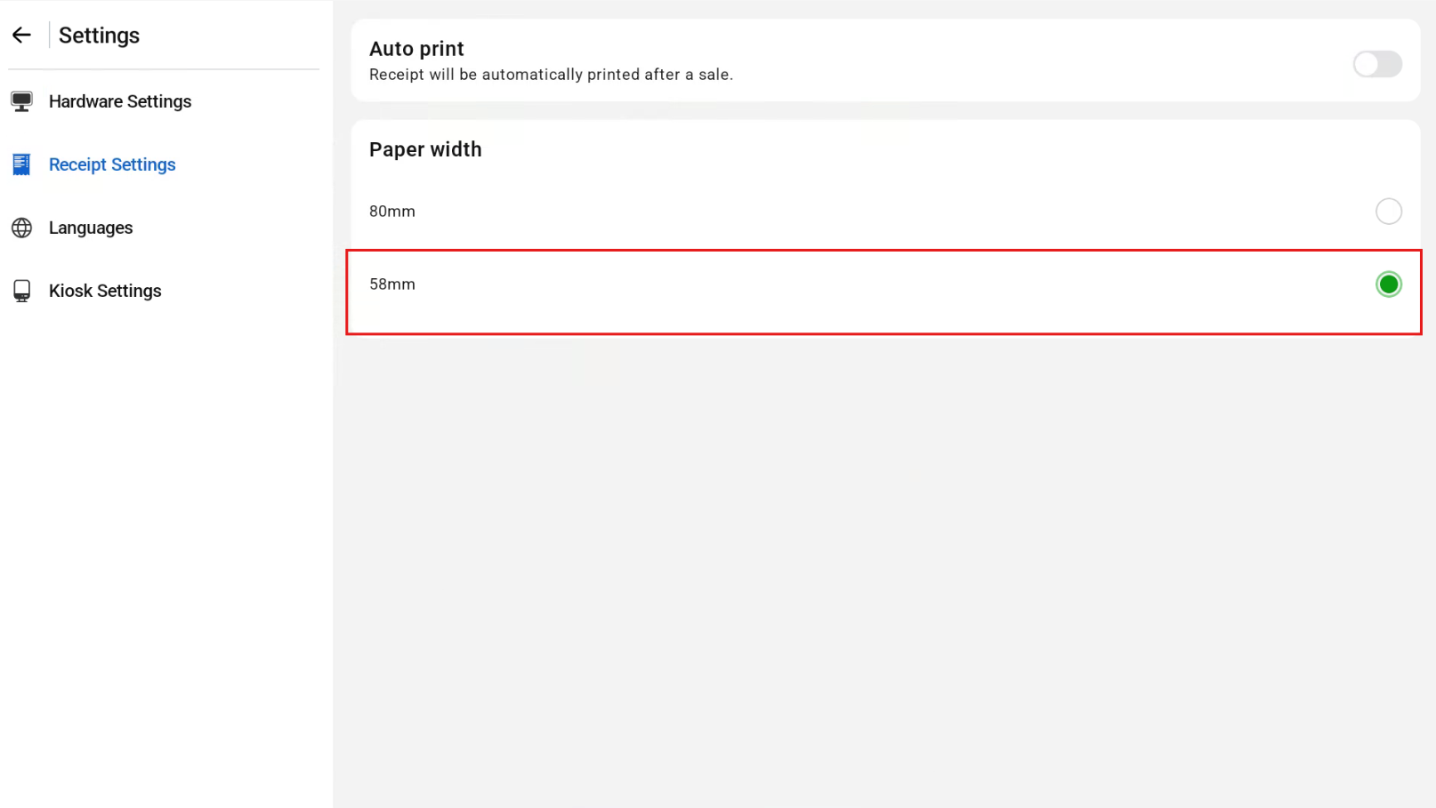 58 mm paper width settings