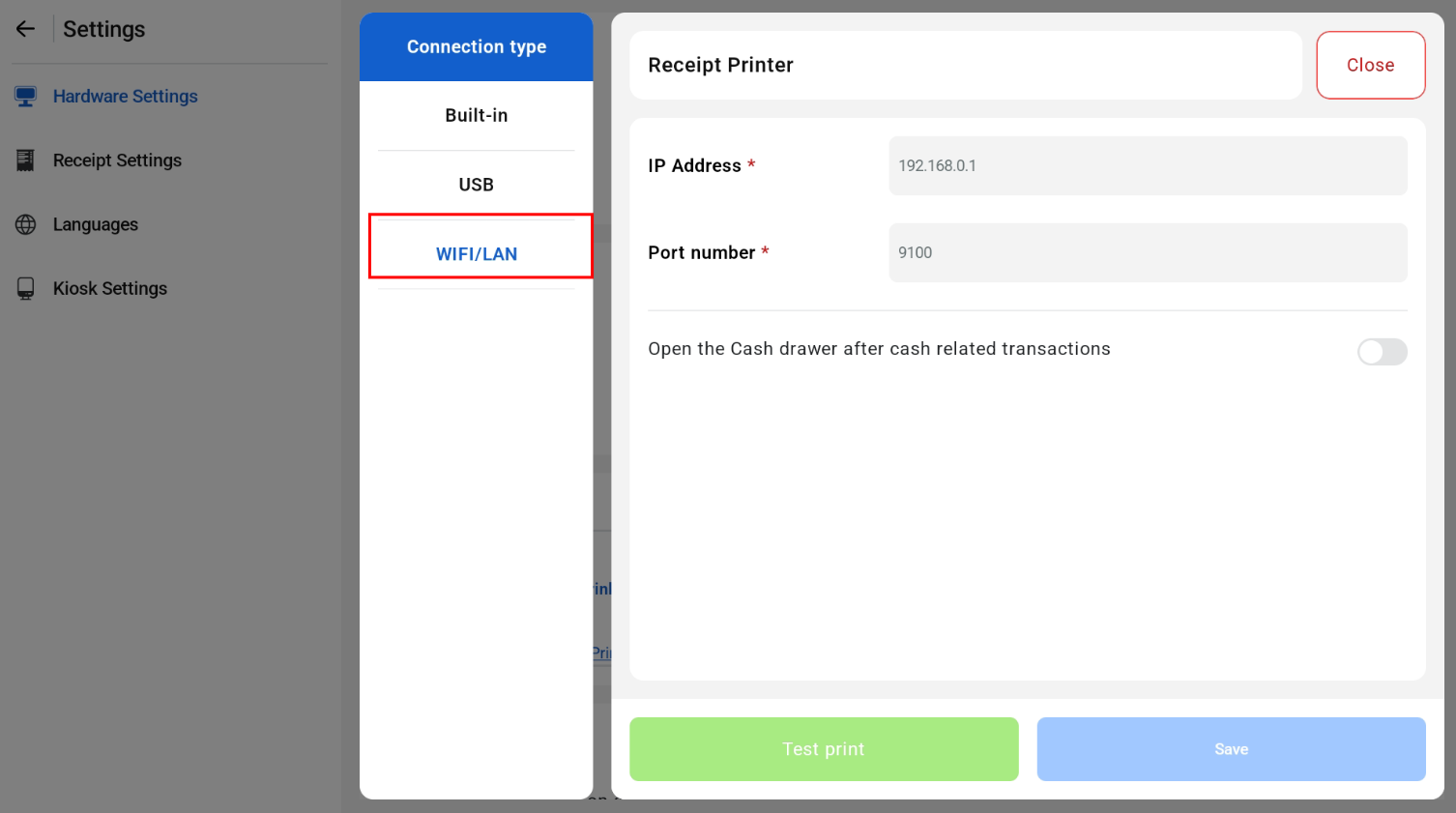 Wi-Fi/LAN receipt printer settings