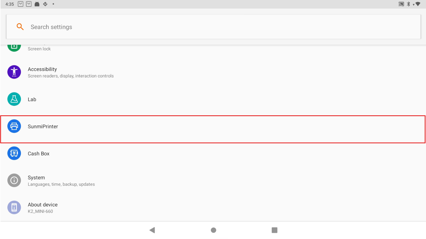 Searching for Sunmi Printer in the device settings