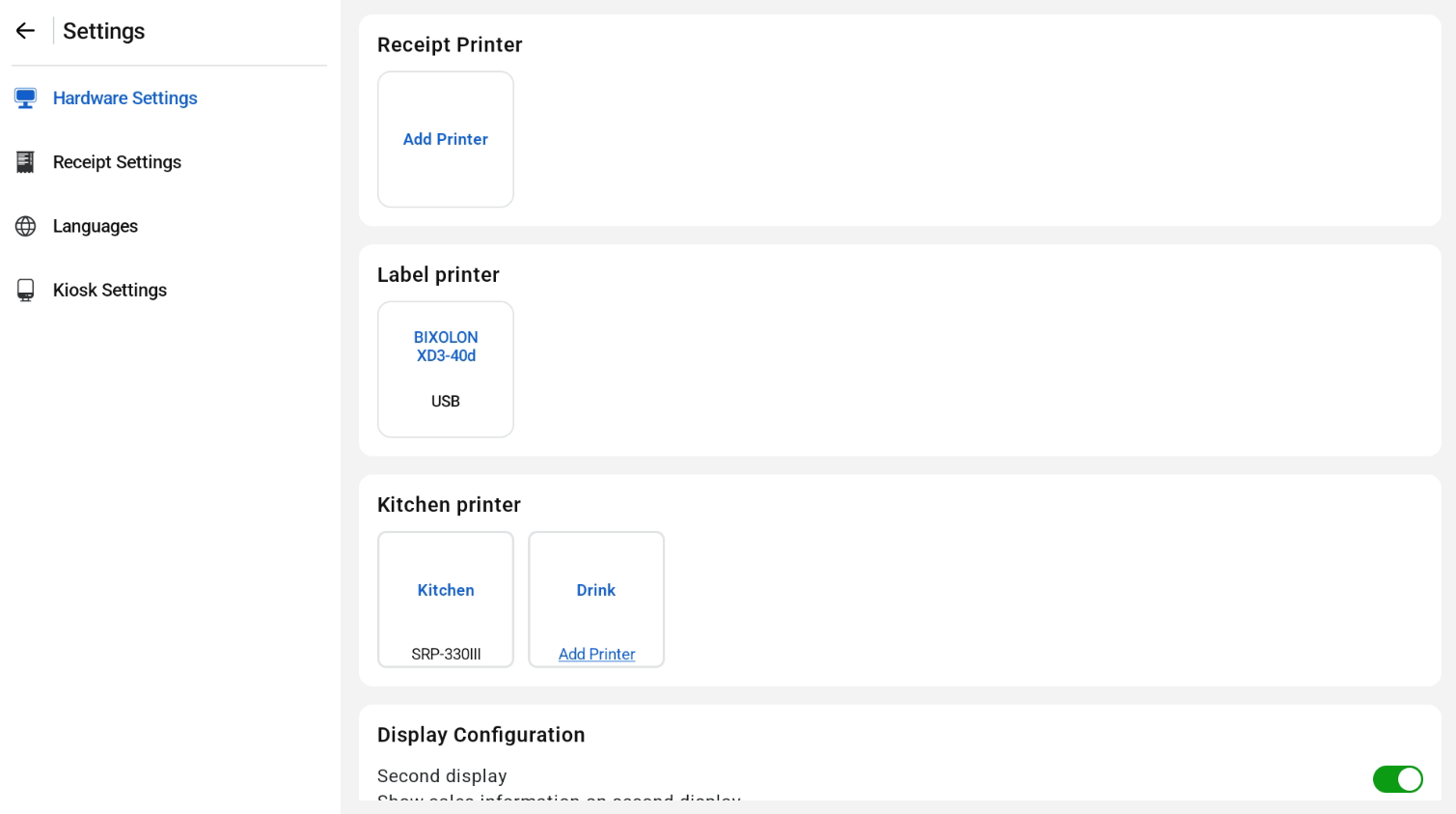 Hardware Settings with receipt, label and kitchen printers