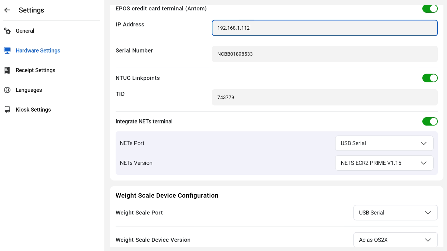 NETS terminal and Weight Scale Device Configuration in Hardware Settings