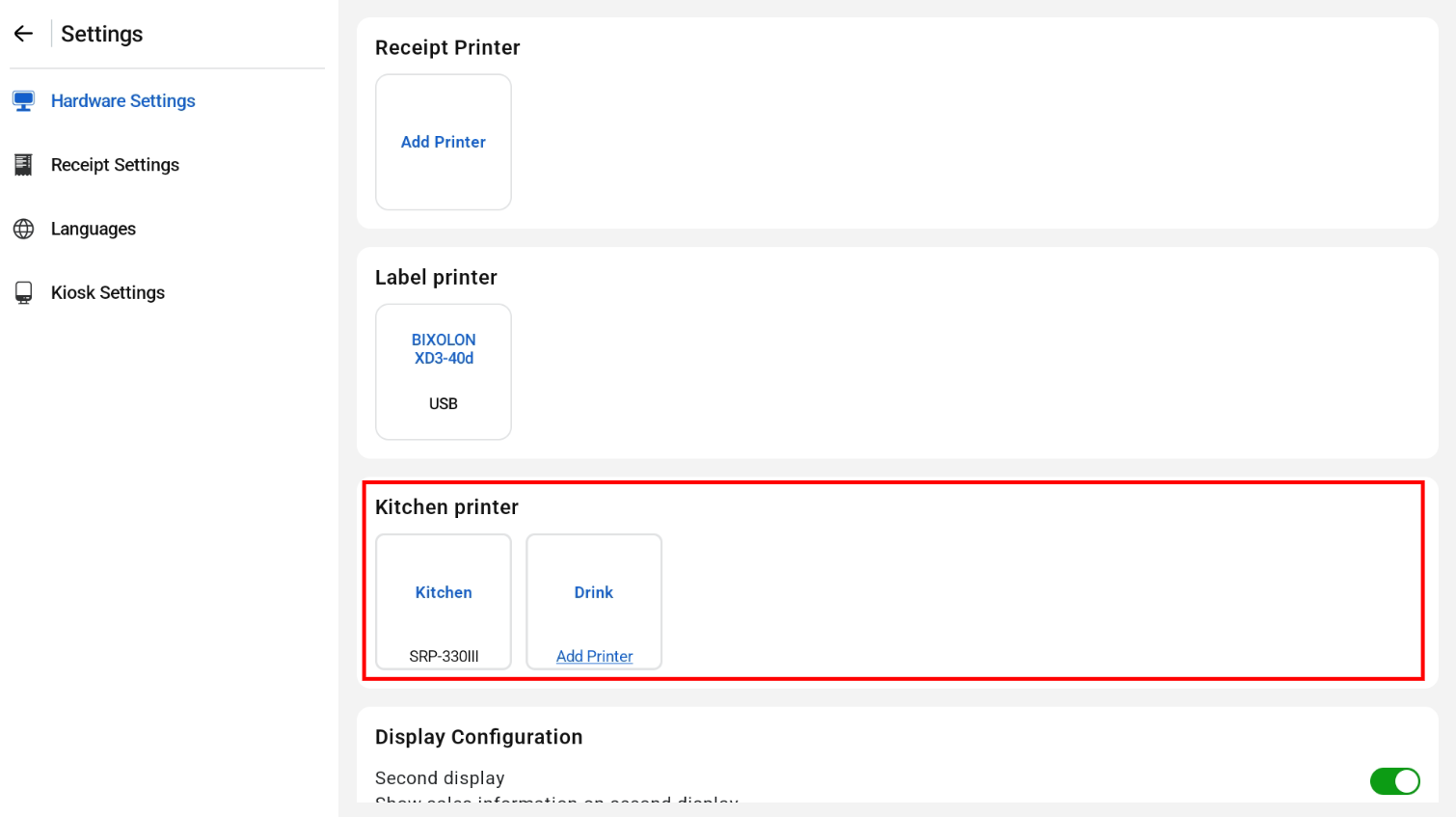 Hardware Settings with receipt, label and kitchen printers