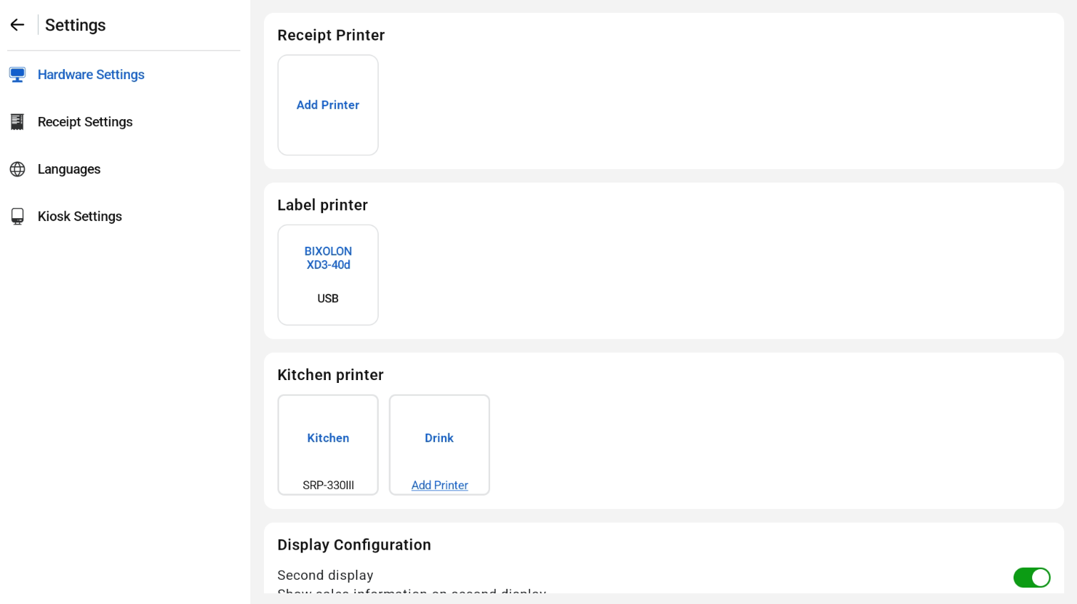 Hardware Settings with receipt, label and kitchen printers