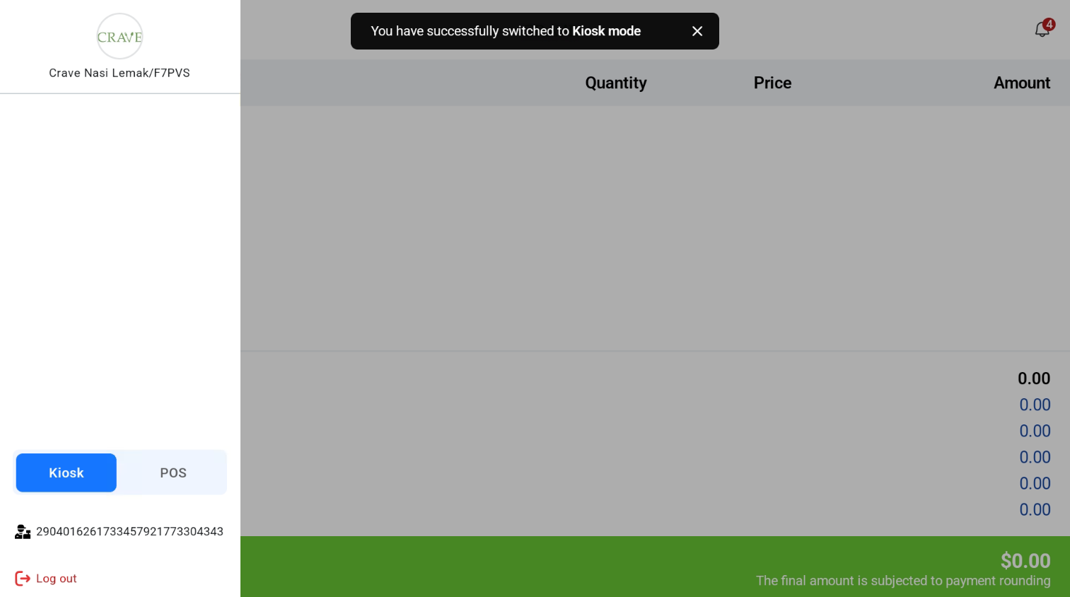 Cashier screen in Kiosk Mode