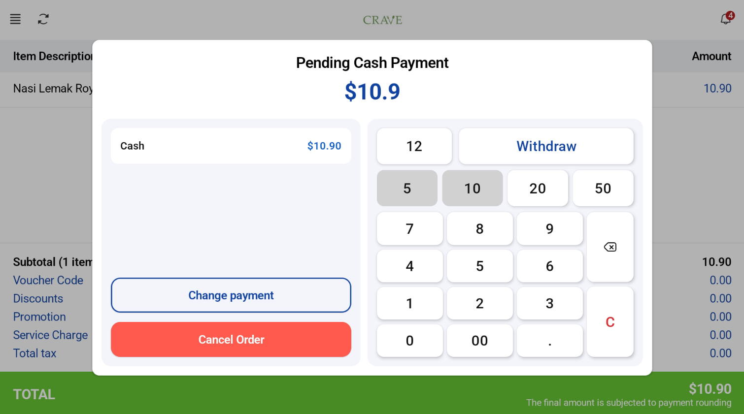 Pending Cash Payment on the cashier screen