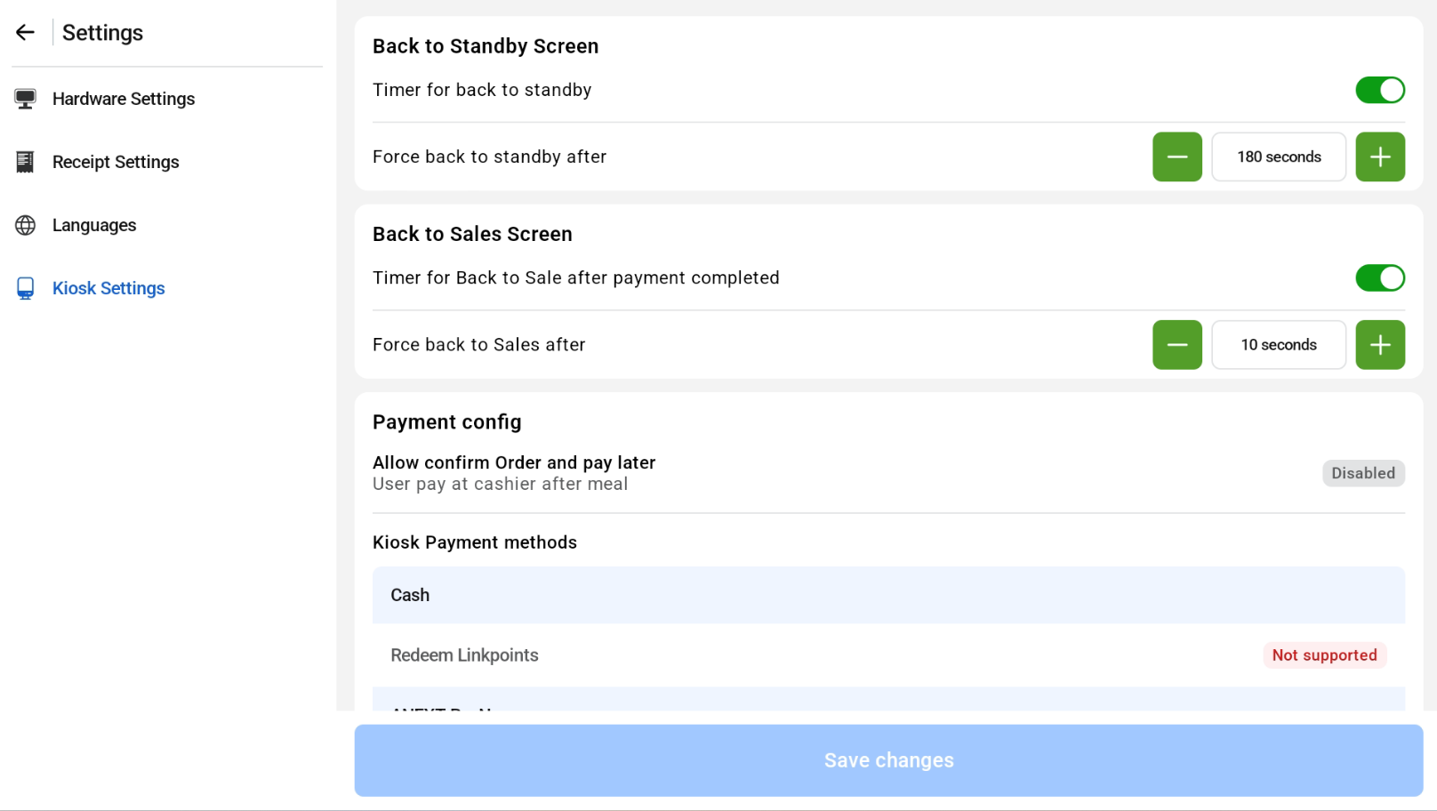 Kiosk Settings page