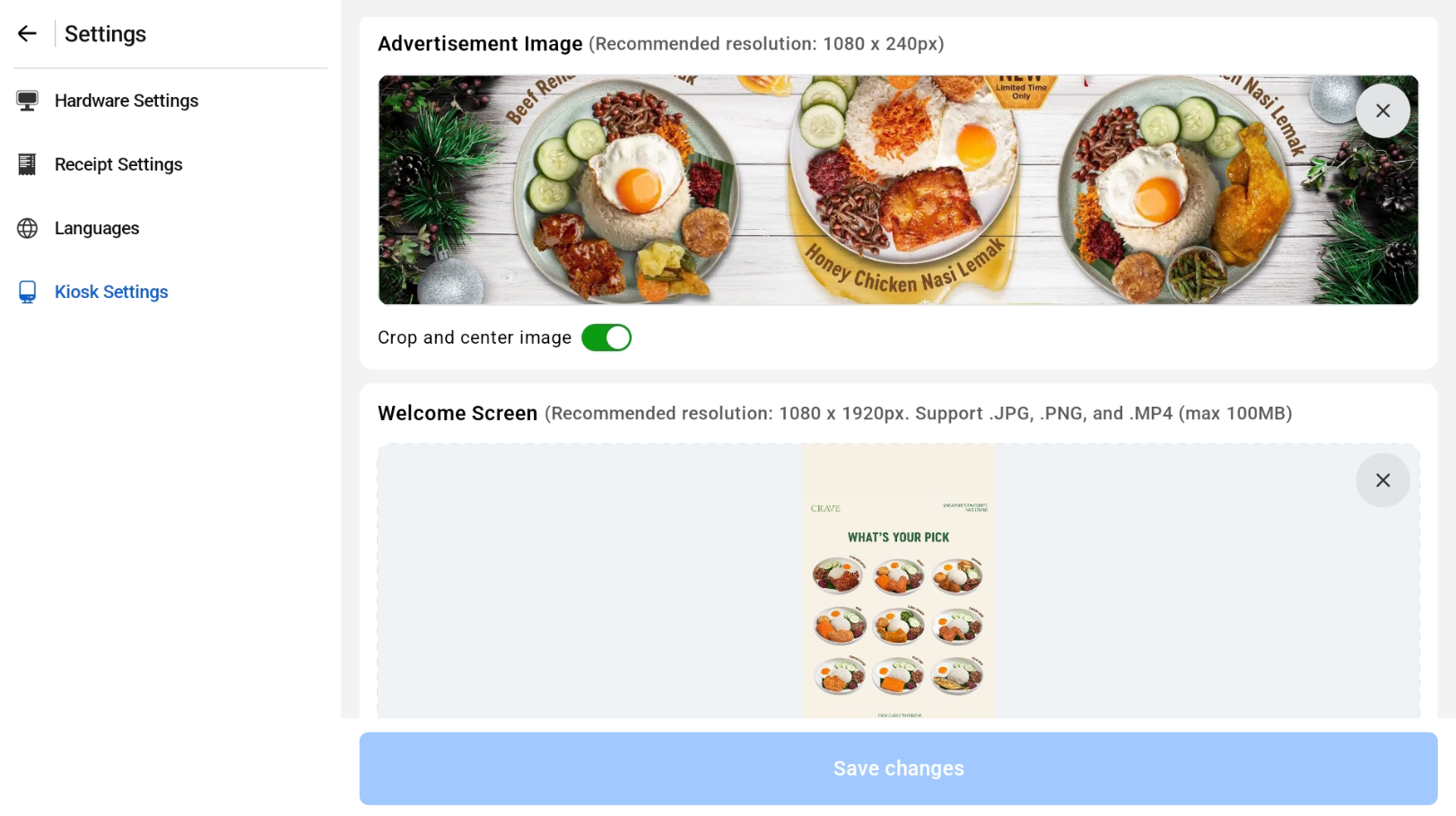 Advertisement Image and Welcome Screen settings