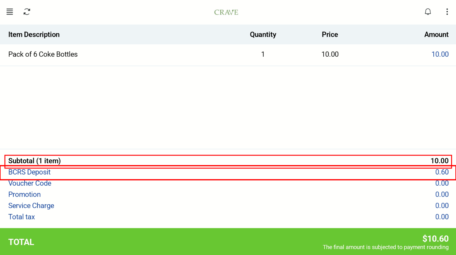 BCRS deposit for a composite product on the cashier screen