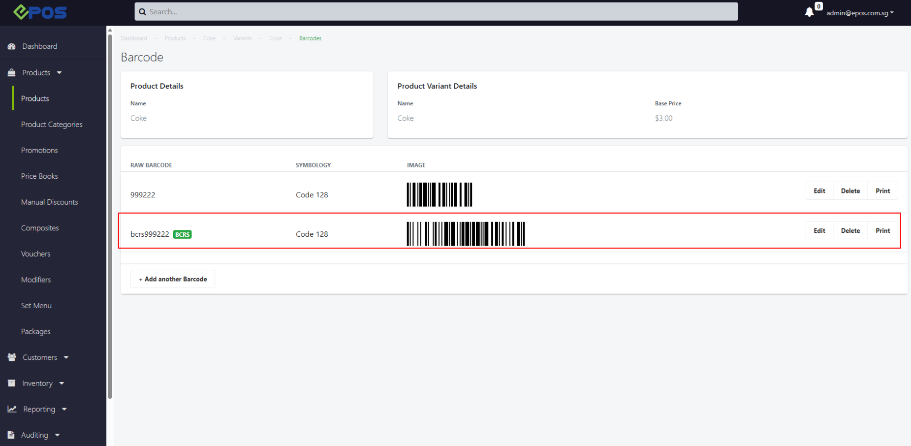 BCRS barcode added under Manage Barcodes