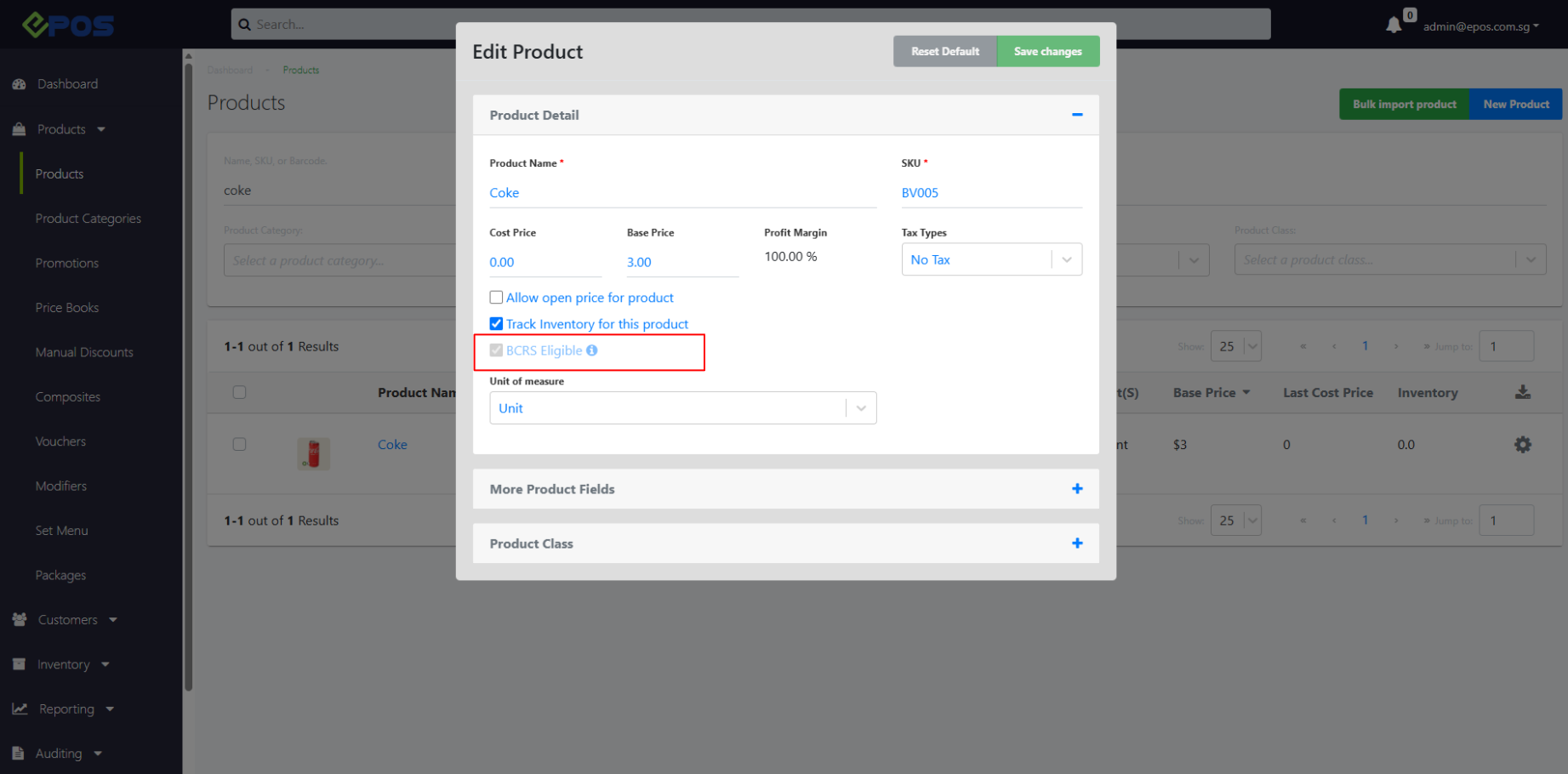 BCRS Eligible checkbox on the product in EPOS Backend