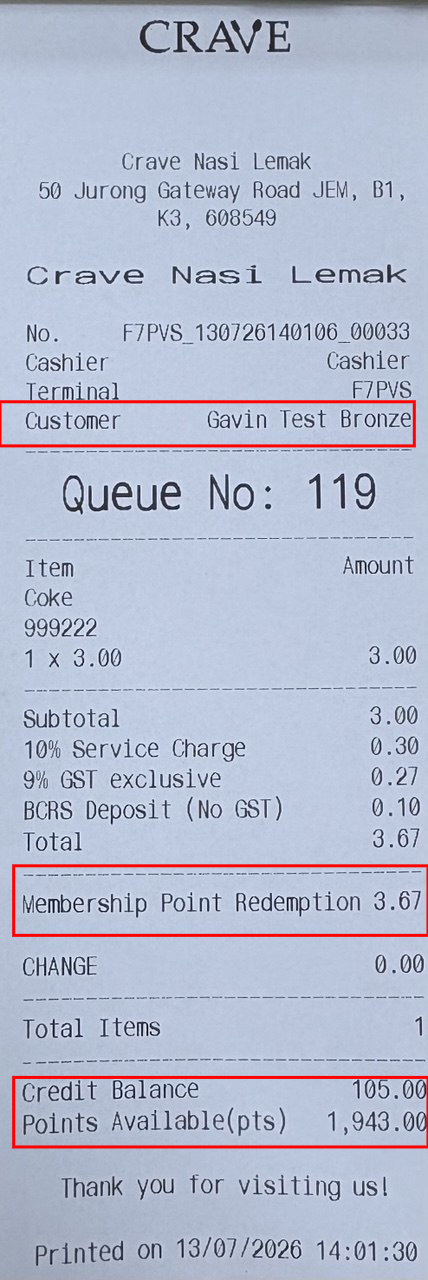 58 mm receipt with customer details