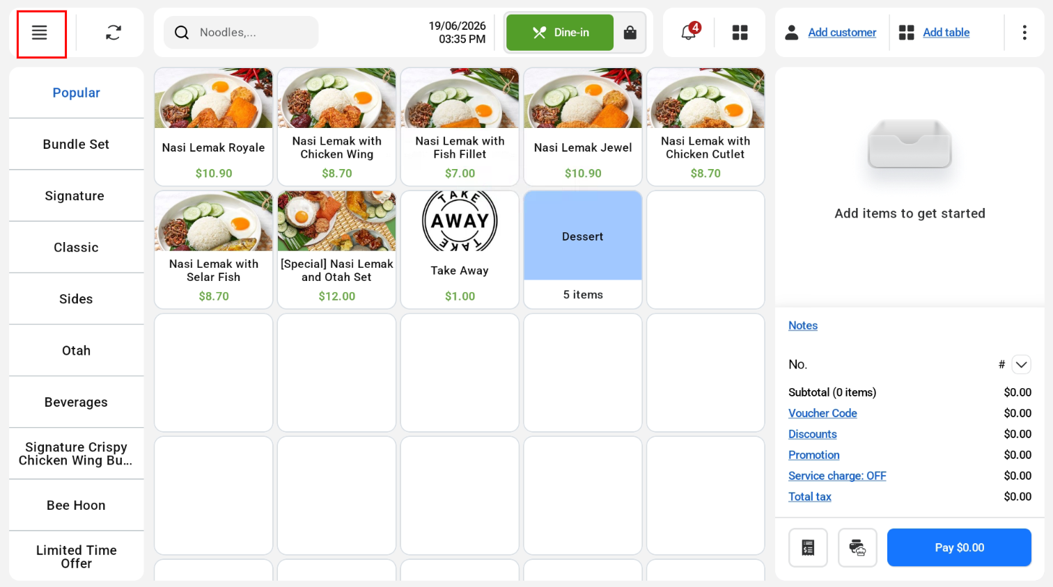 Cashier screen in POS Mode with the three bars highlighted