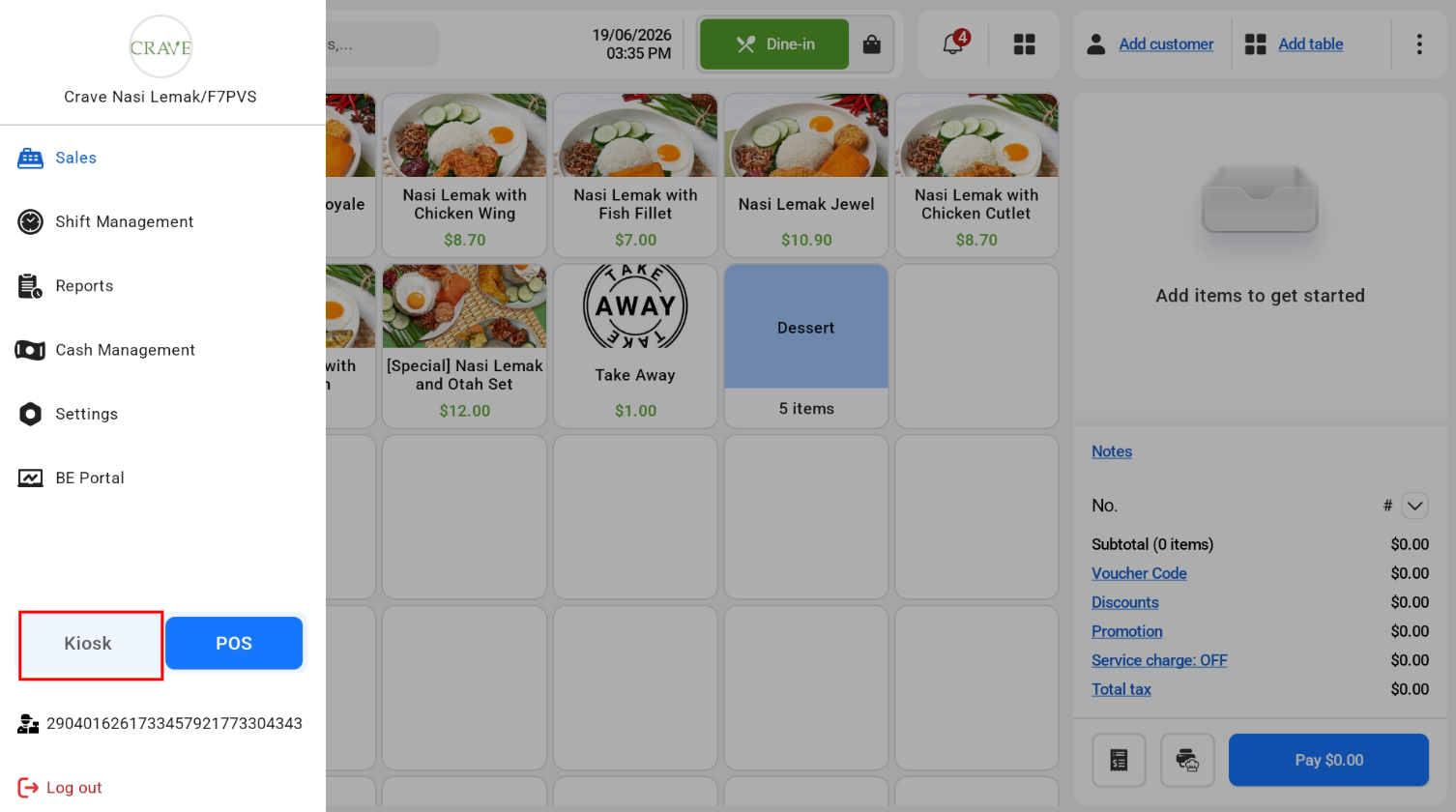 Selecting Kiosk in the menu