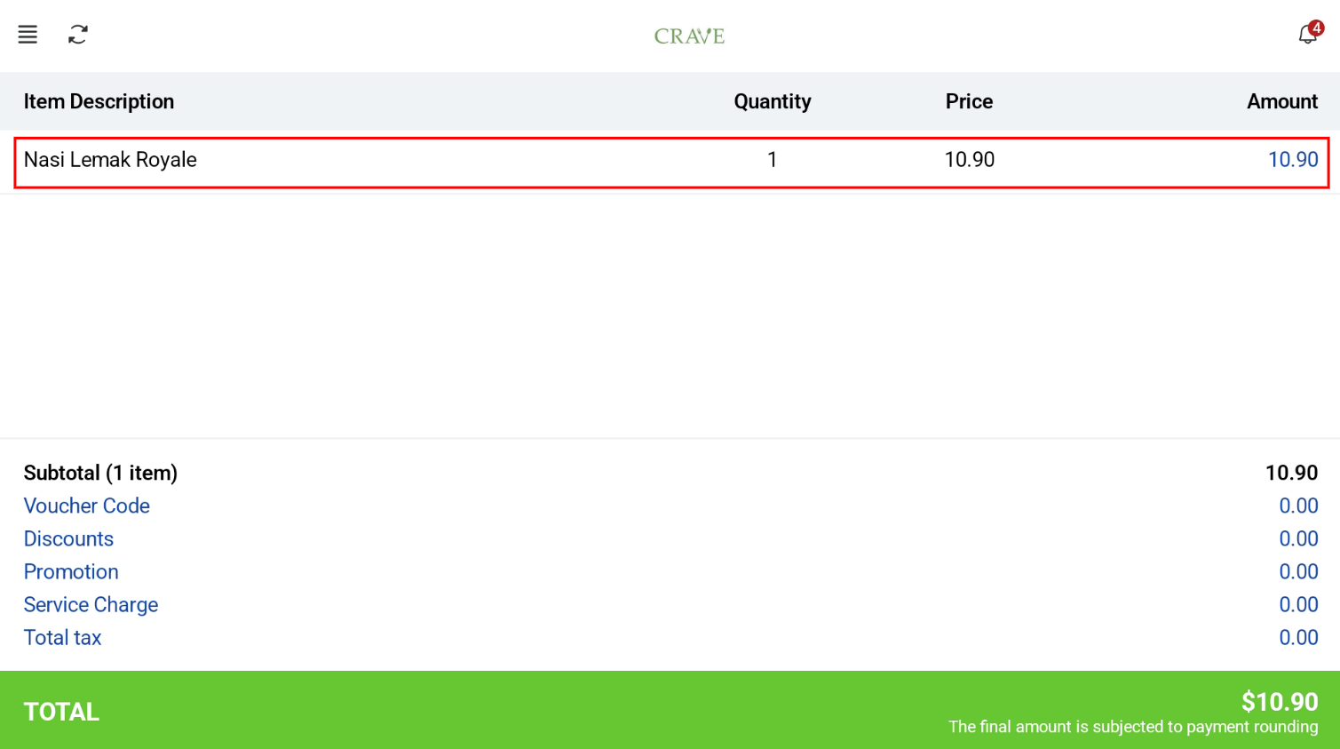 Item shown on the cashier screen