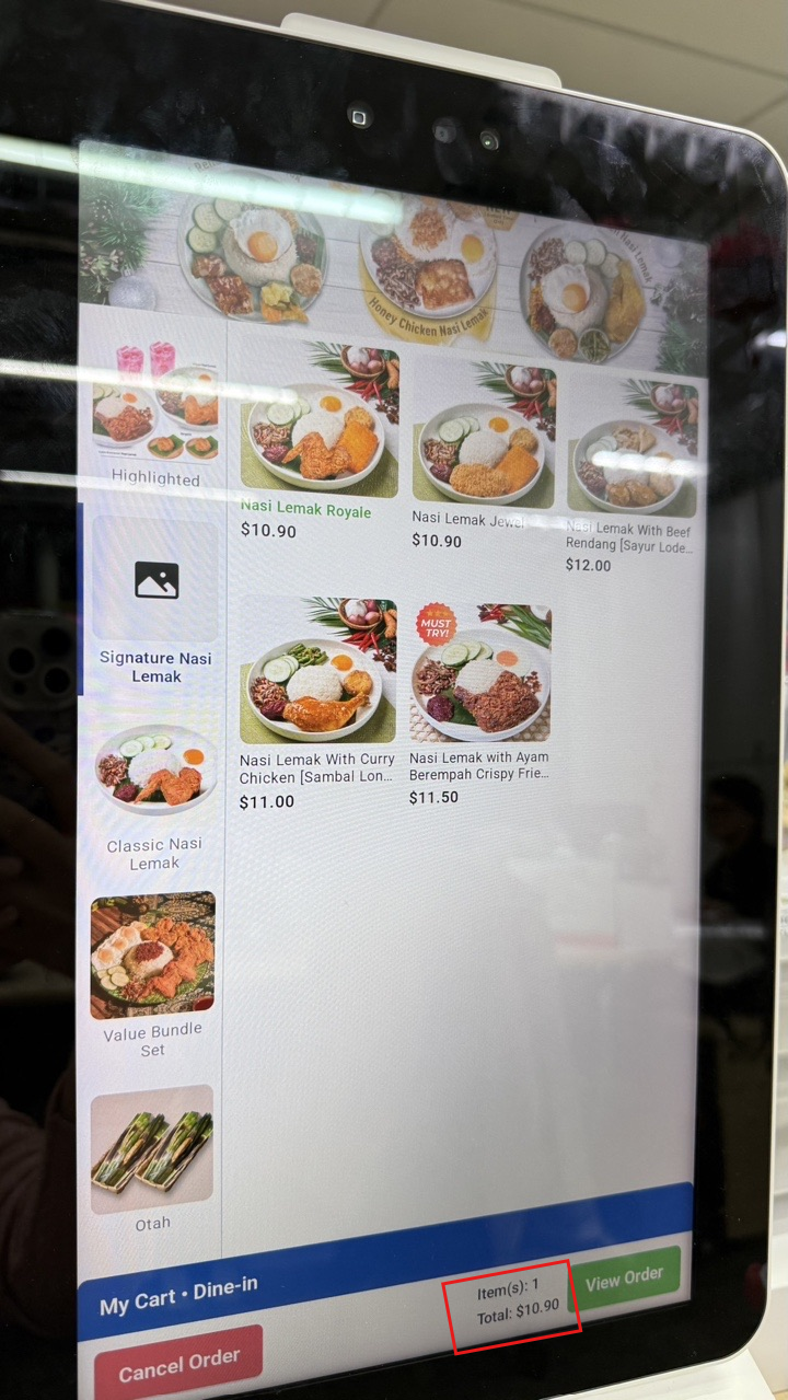 Item(s) and Total updated on the kiosk