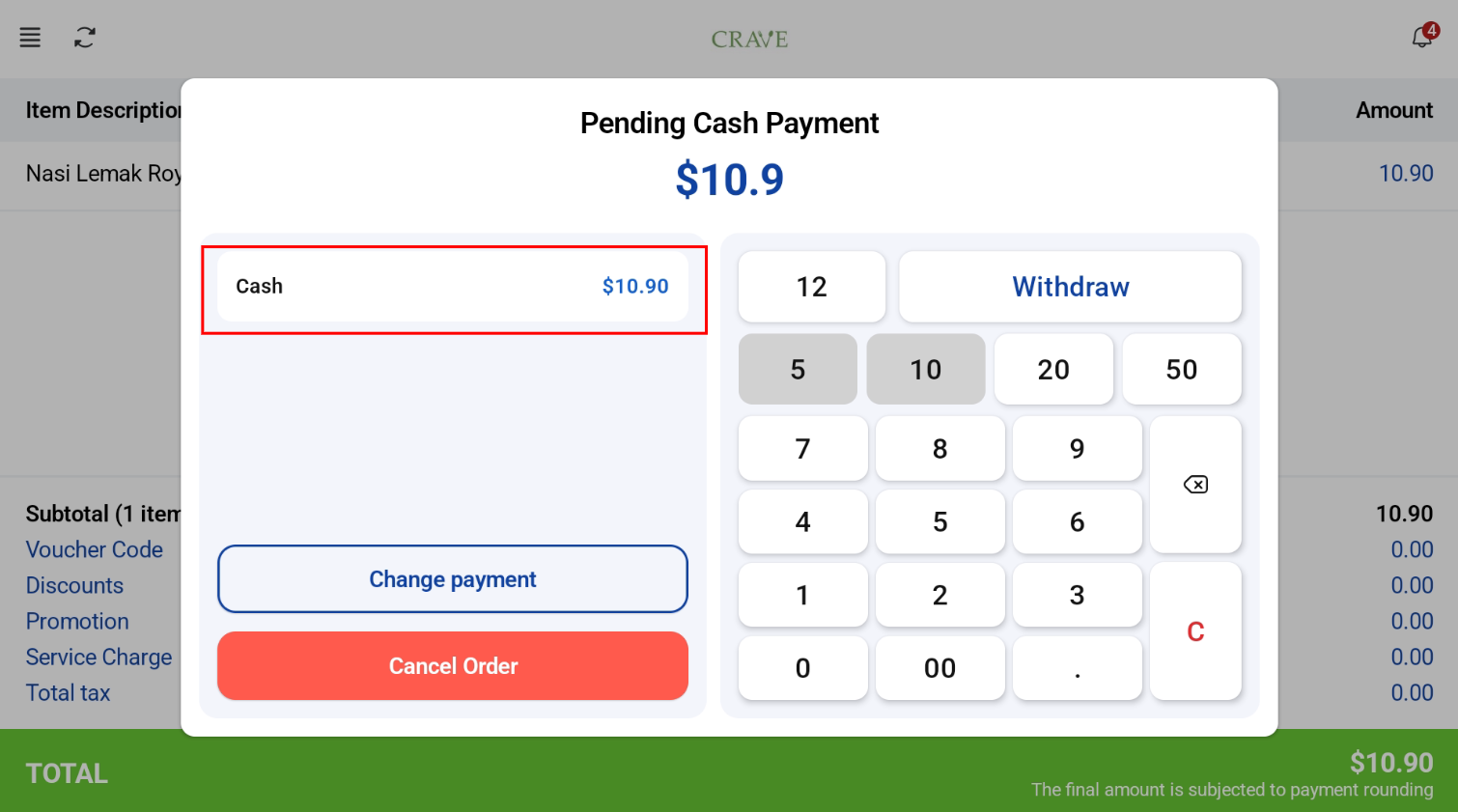 Entering the cash amount on the numpad
