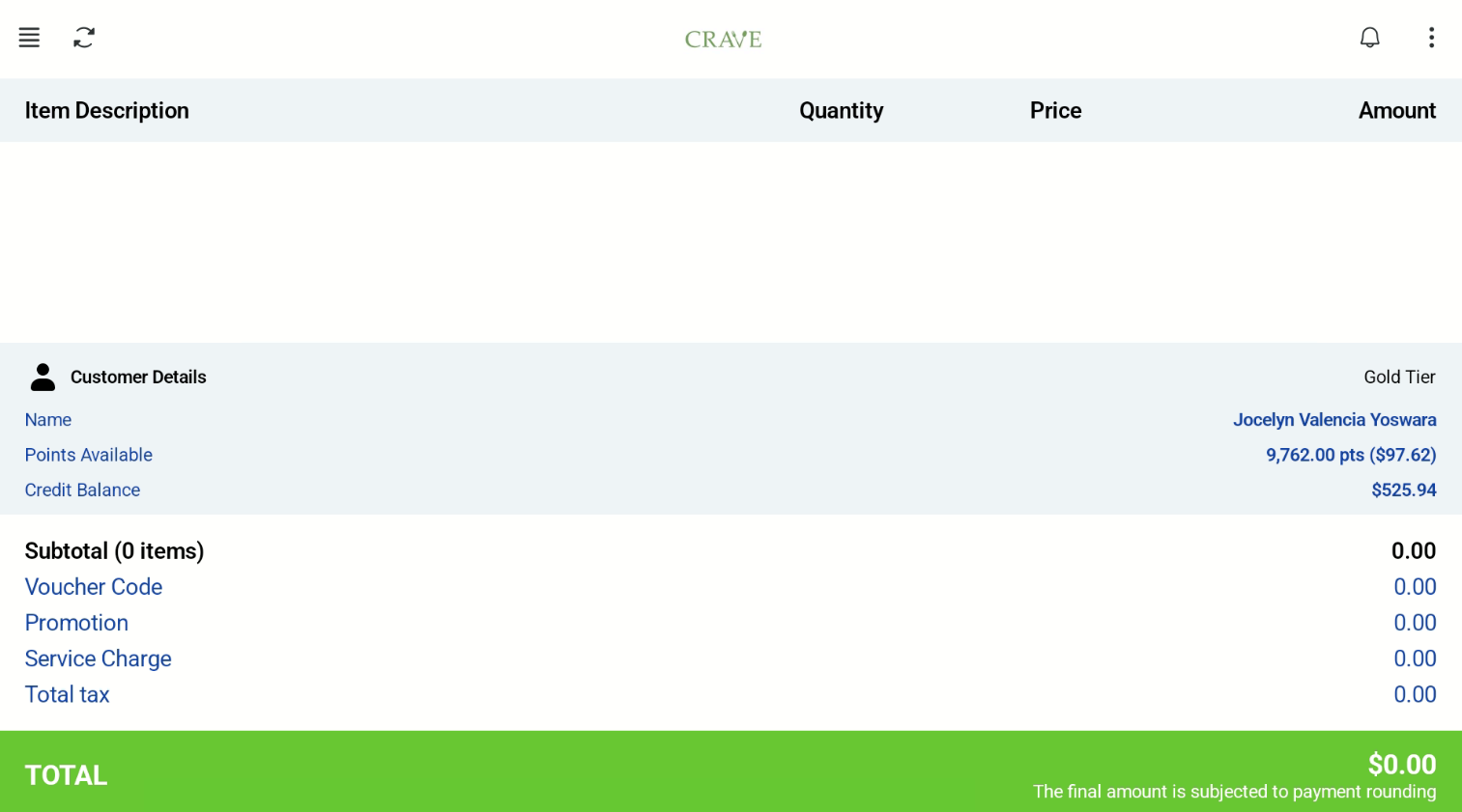 Customer details on the cashier screen