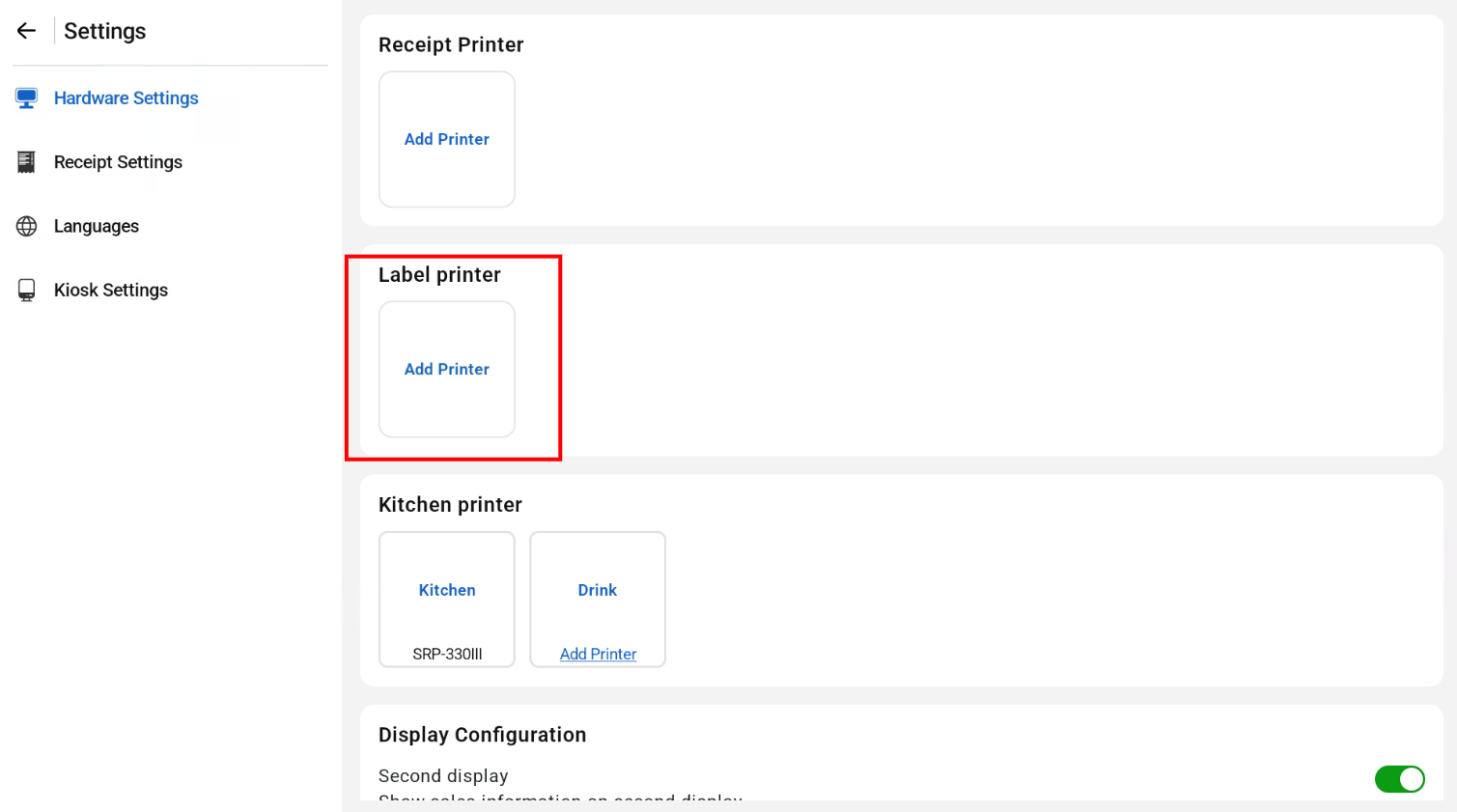 Label printer in Hardware Settings