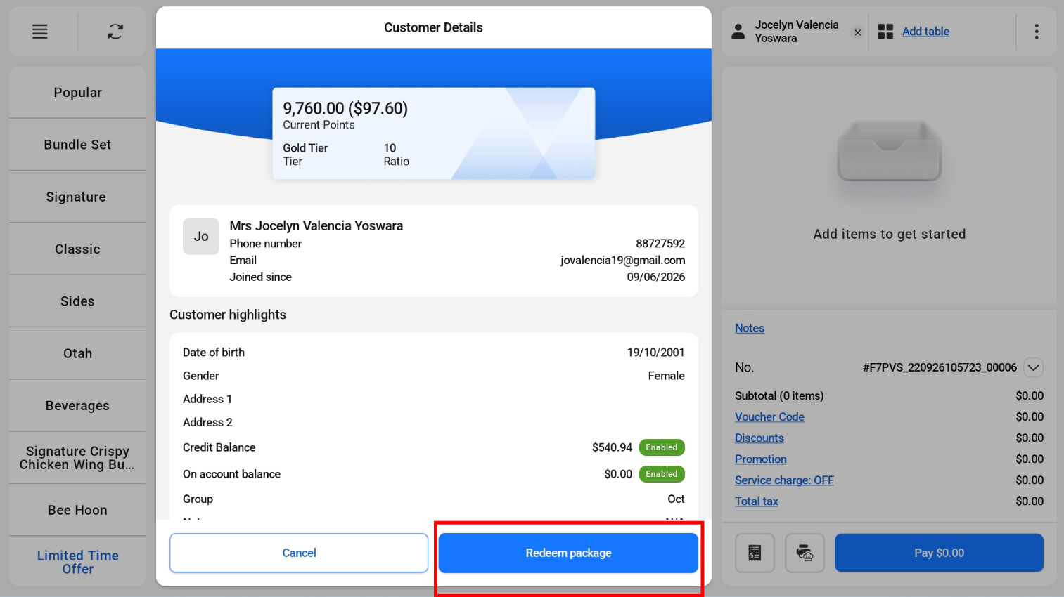 Redeeming a session package in POS Mode